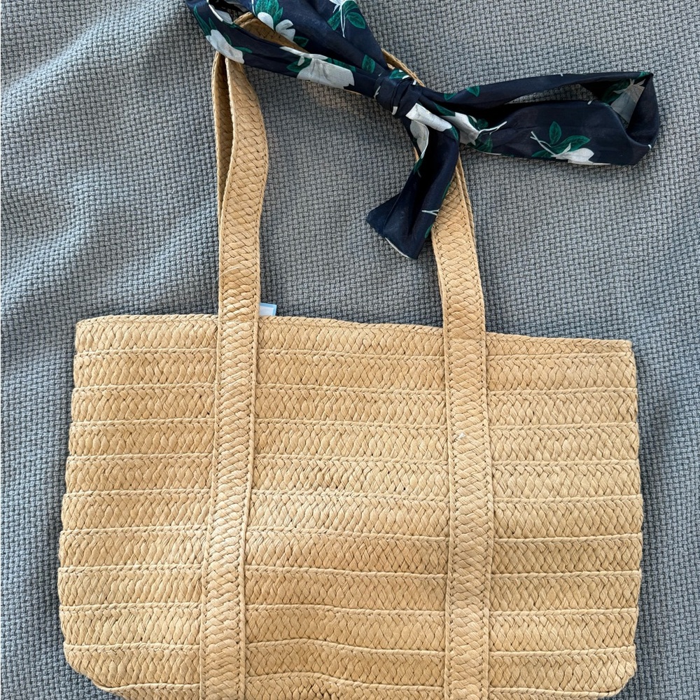 Draper James Tan and Blue Woven Tote Bag